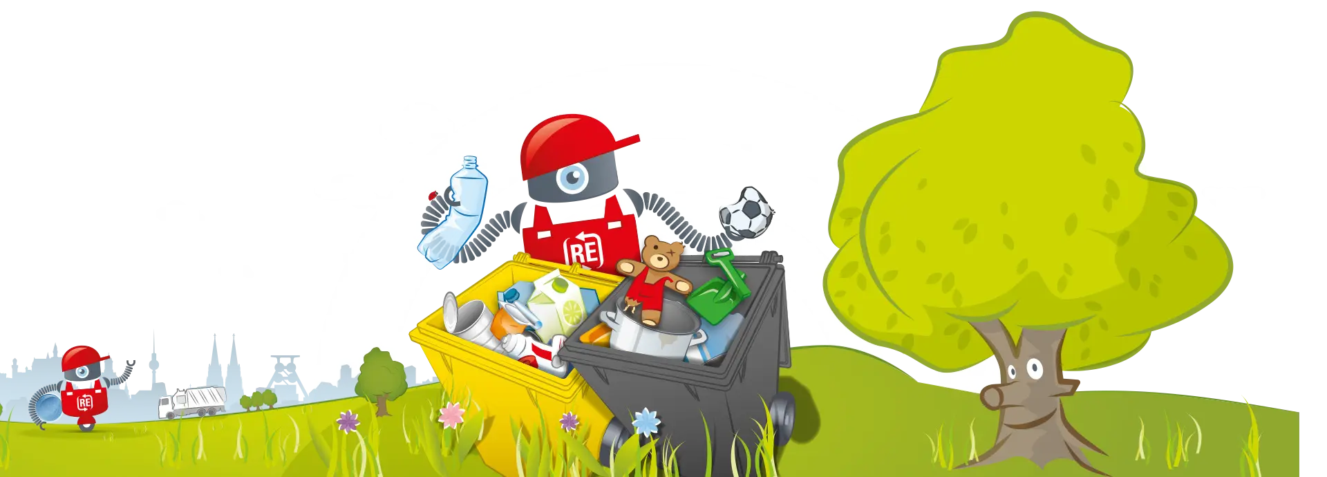 Illustration Robin mit gelber und grauer Tonne